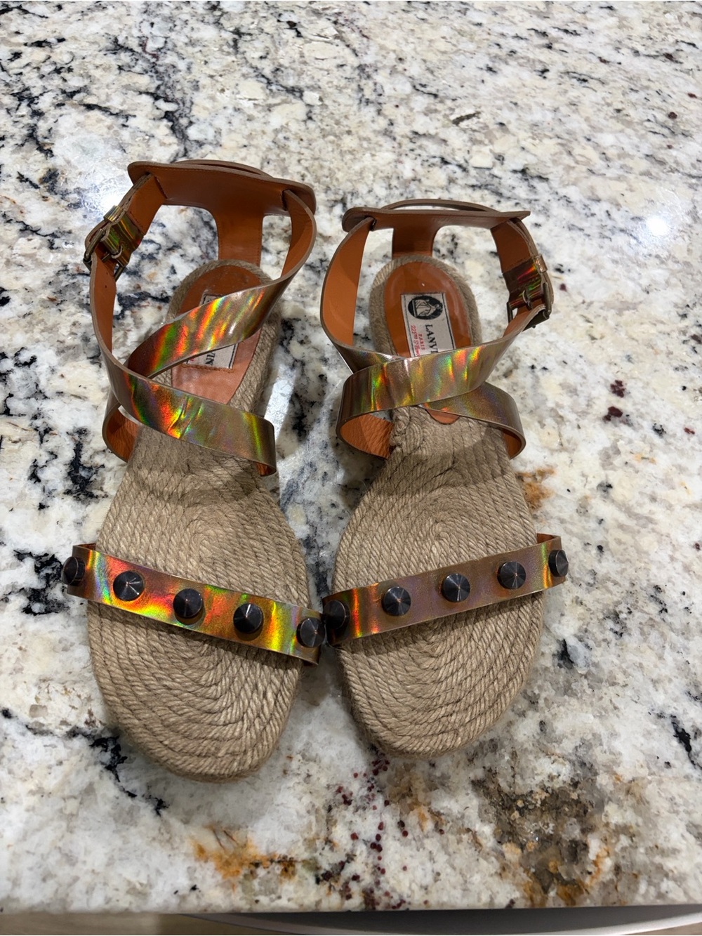 Lanvin Sz 41 (US10) Woven Espadrille Ankle-Strap Sandals in Iridescent Bronze